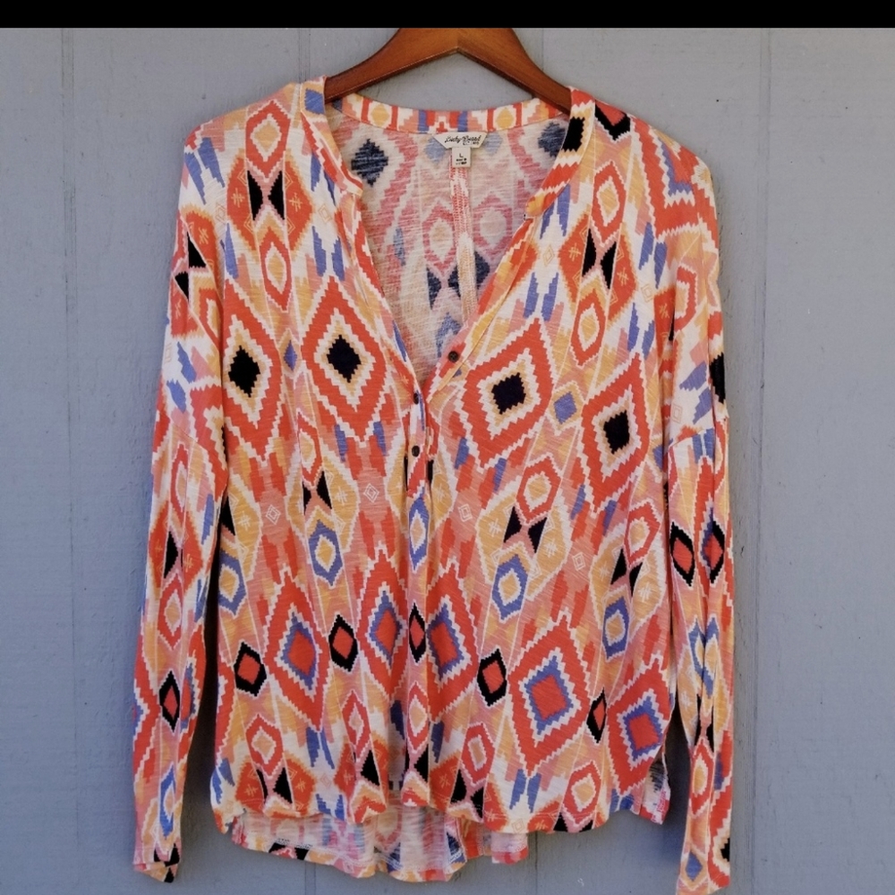 Lucky Brand Diamond Tribal Print Henley Top LS L